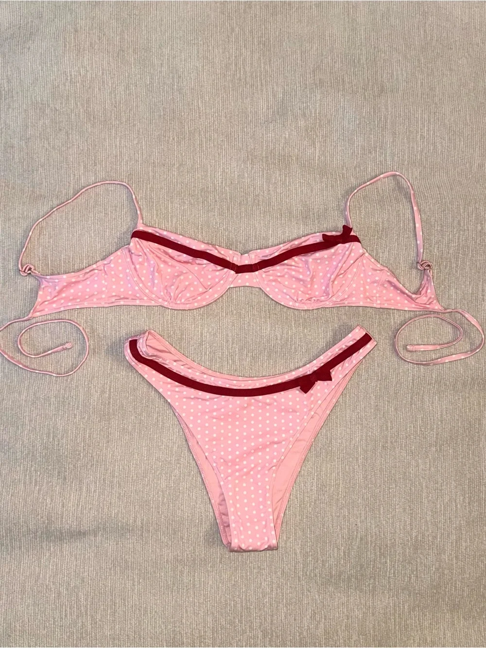 New Frankie’s Bikinis Set Morning Dove Pink Red Love Sexy Bra Polka Dot Medium